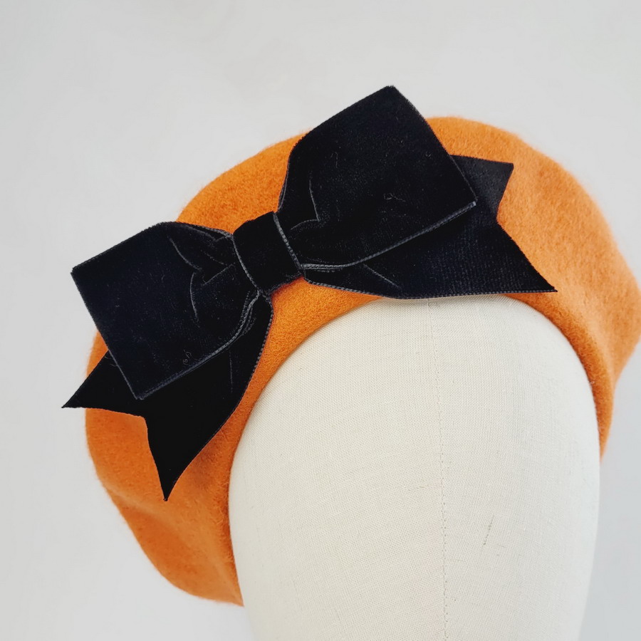 Orange 100% wool beret with handmade velvet bow