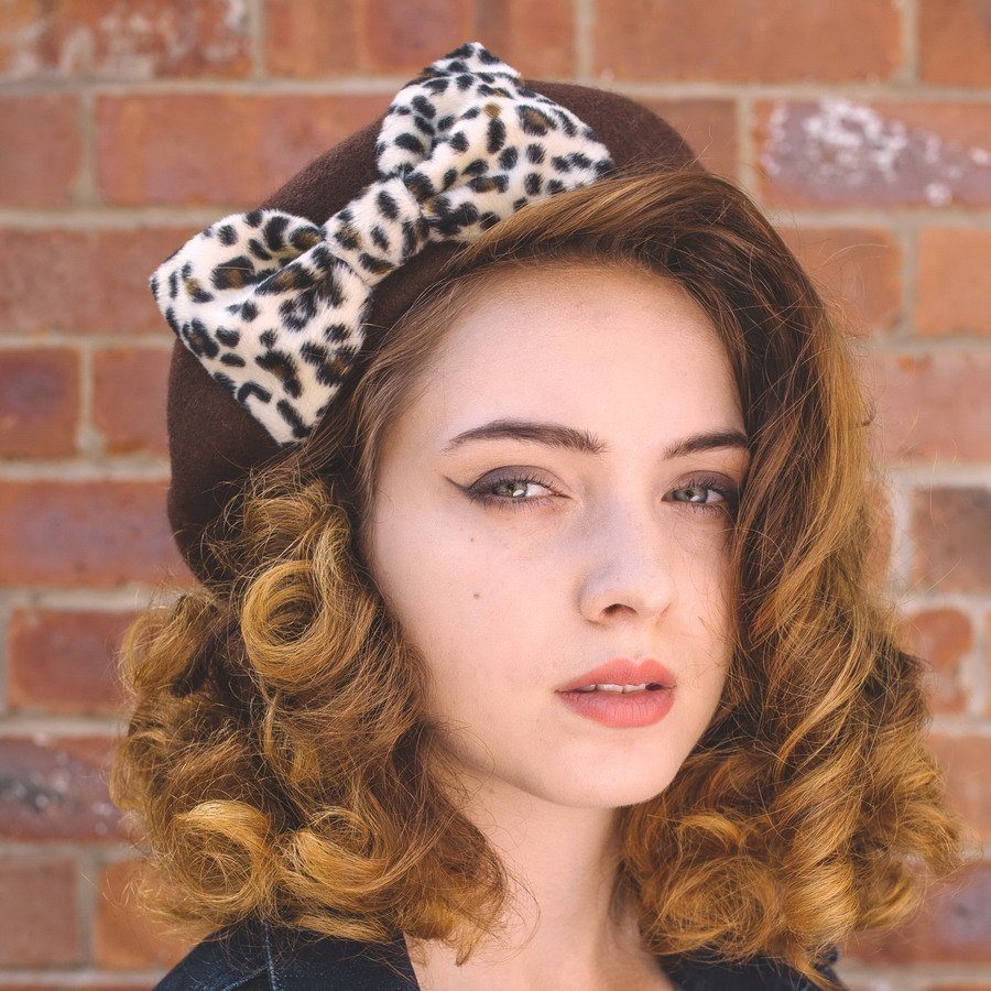 Brown Beret with Leopard Fake Fur Bow worn to the right of the head