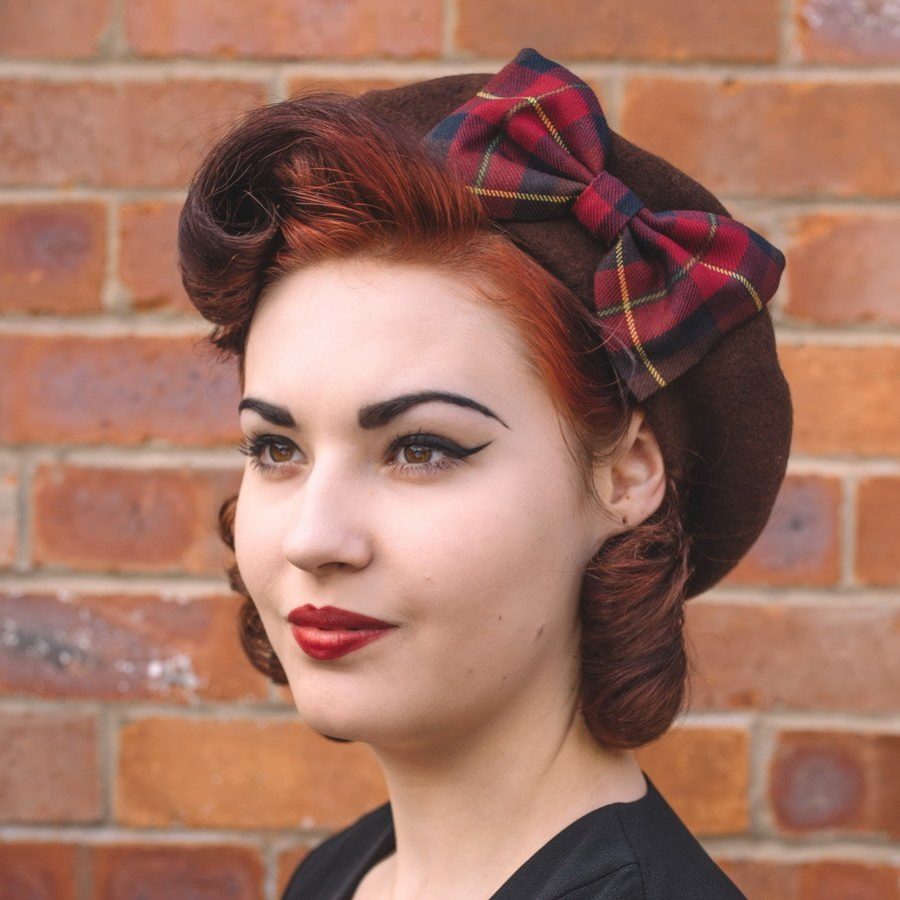 Brown Beret with Wine Navy Tartan Bow worn to the left of the head
