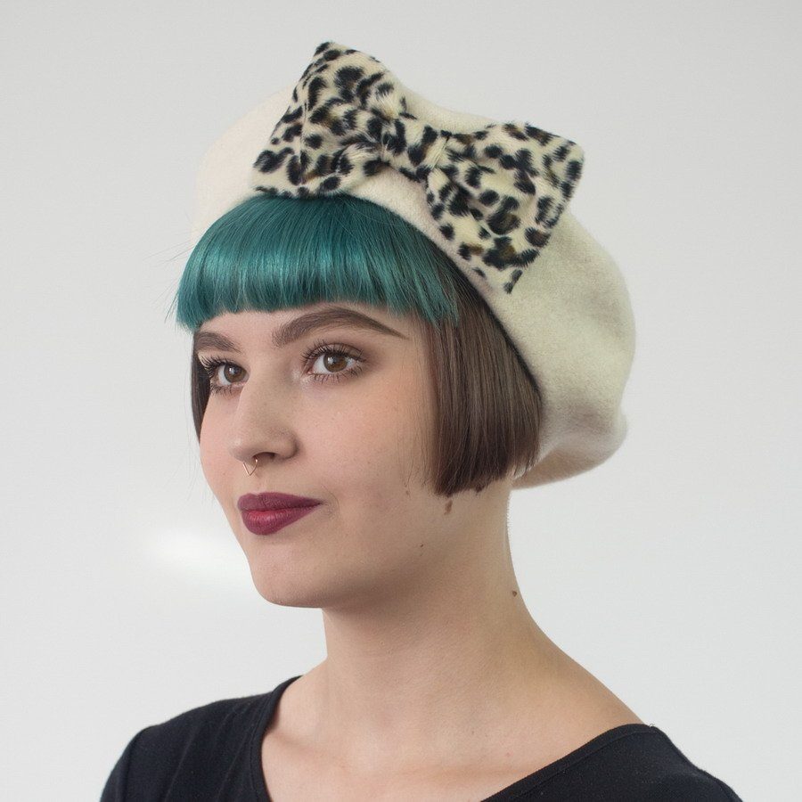 Ivory Beret with Leopard Faux Fur Bow