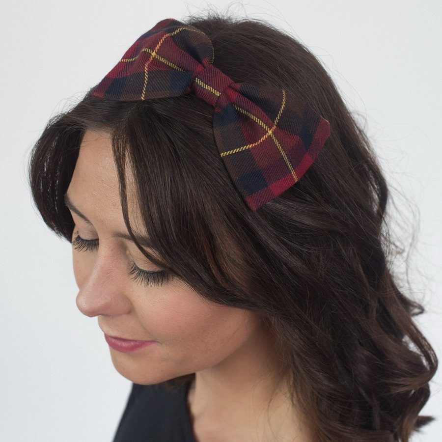 Wine Navy Tartan Bow Headband